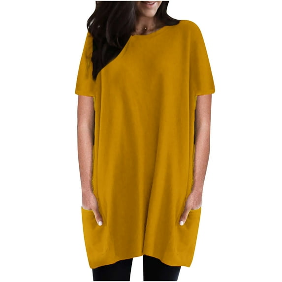 Black of Friday Deals Women's Short Sleeve Dressy Elegant Tops with Two Side Pocket Clearance Basics Clothing Ladies Crewneck Solid Color Summer Vintage Shirts Leisure Tunic Spring Tops Yellow L