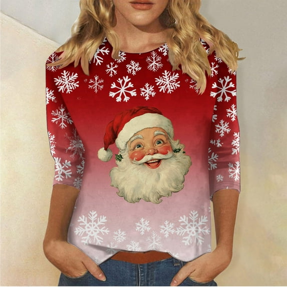 GaThRRgYP Chic Women's Long Sleeve Round Neck Print Top for Fall Winter,Fashion Women's Comfortable Round-Neck 3/4 Sleeve Print Casual T-shirt Blouse Red XXXXXL