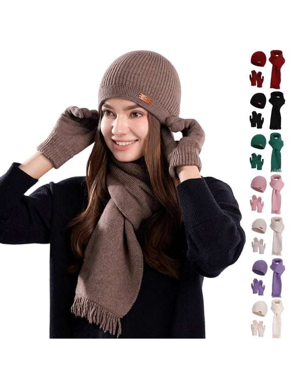 Soft and Warm Winter Hat for Cold Days,Women's Winter Fashion Warm Earmuffs Knitted Hat Wool Cap Hat Scarf Gloves Three-piece Set Red Free Size