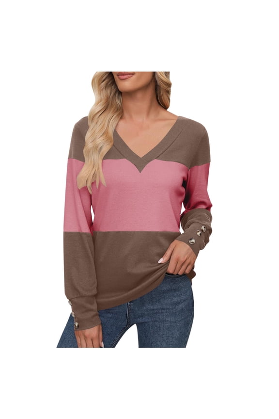 Womens Sweatshirts Long Sleeve,Women's Color Blocked Printed V-neck Regular Sleeve Long Sleeved Decorative Casual Pullover Winter T-shirt Top Pink S