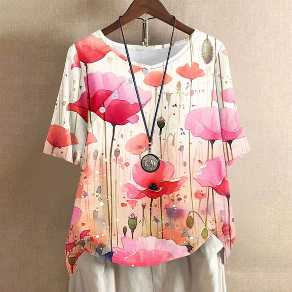 GaThRRgYP Womens Tops Short Sleeve Cotton,Blouse for Women Dressy Casual,Women's Casual Round Neck Button Printed Short Sleeve Blouse Red XL