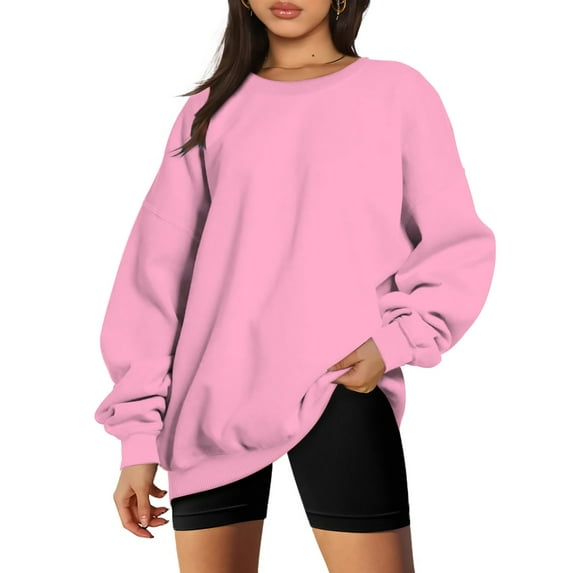 LEAVINGSUO Fall Womens Tops Long Sleeve,Fashion Woman Long Sleeve Round Neck Loose Sweatshirt Solid Blouse Tops Pink L