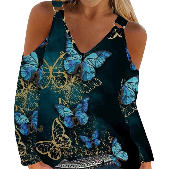 LEAVINGSUO Fall Winter V Neck Long Tops for Women, Womens Tops Clearance Women Sexy T- Shirt Cold Shoulder Pullover Blouse V-Neck Long Sleeve Print Tops