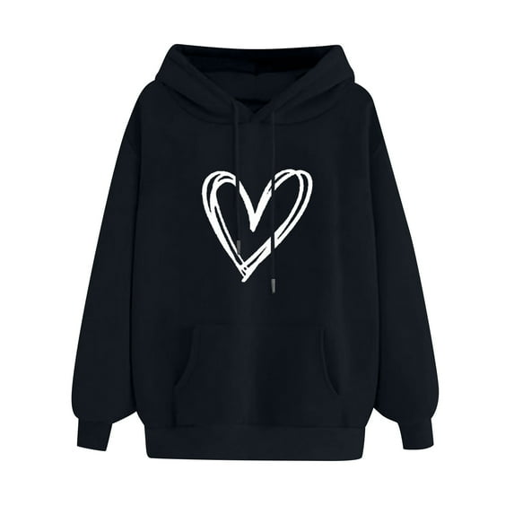 LEAVINGSUO Hooded Sweaters for Women,Women's Comfortable Sweater Heart Pattern Printed Women's Hooded Pocket Drawstring Sweater