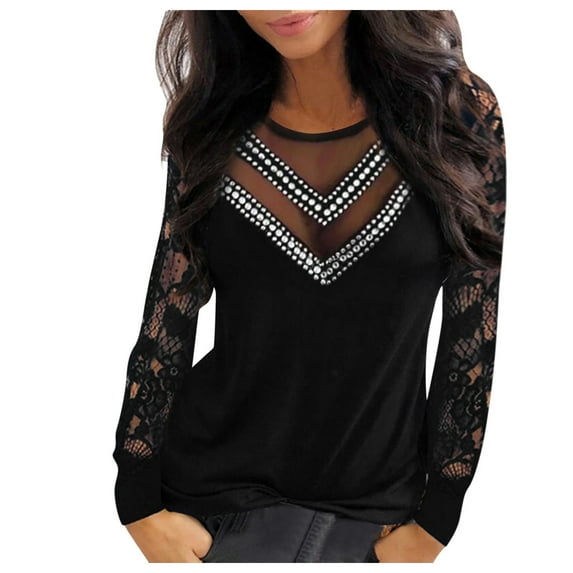 LEAVINGSUO Long Sleeve Shirts for Women, Fall Womens Tops Women Longe Sleeve Lace Sequins V-Neck Long Sleeves Elegant Blouses