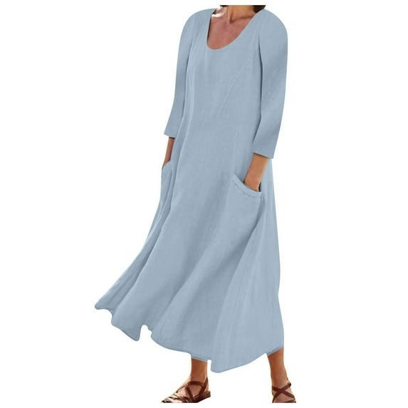 LEAVINGSUO Plus Size Dresses Women's Fashion Long Sleeve Color Cotton Linen Round Neck Pocket Dress Light Blue XXXXL