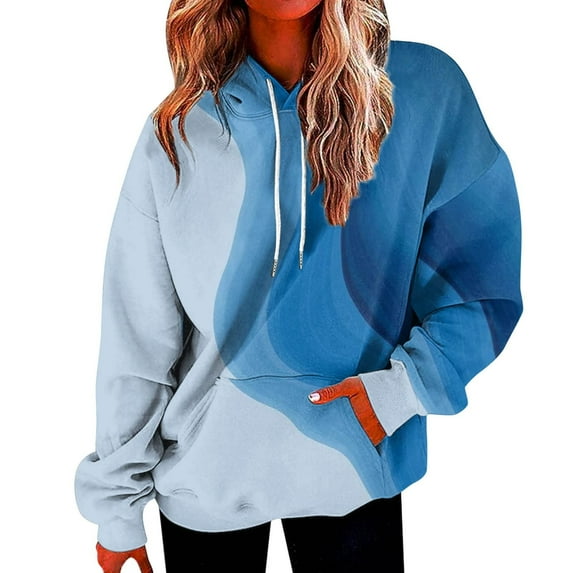 LEAVINGSUO Womens Tops 3/4 Sleeve Shirts for Women Women Long Sleeves Casual Hooded Printing Crewneck Pullover Sweatshirt Tops Dark Blue S