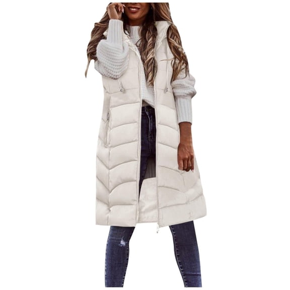LEAVINGSUO Winter Coats for Women 2023 Trendy Women Warm Hooded Long Sleeve Zipper Jacket Sleeveless Parkas Coats Tops Wth Pocket