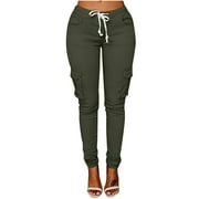 LEAVINGSUO Women's Pants Clearance under $5 Fashion Women Plus Size Drawstring Casual Solid Elastic Waist Pocket Loose Pants Army Green XXXL
