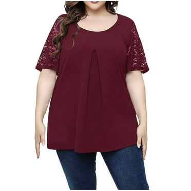 2025 Clearance! Womens Clearance asdoklhq Womens Plus Size Tops, Woman Causal Round Neck Solid Blouse Lace Short SleeveT-Shirt Summer Plus Size Tops