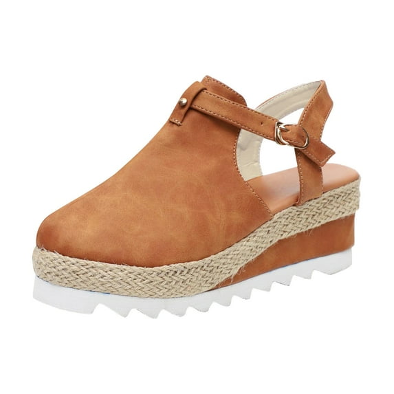 Black and Friday Deals Womens Clearance asdoklhq Wedges for Women Women Sandals Vintage Wedge Buckle Strap Straw Thick Bottom Flats Female Shoes Brown 36