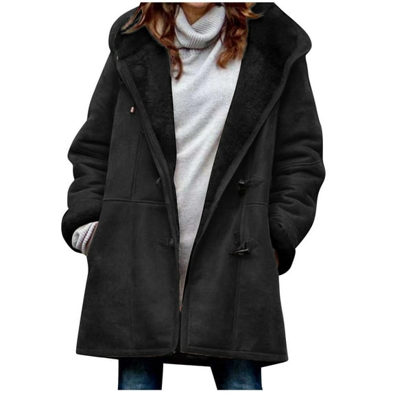 Black and Friday Deals Womens Hoodie Velvet Coat,2024 Trendy Womens Horn Button Warm Fleece Lined Coats Hooded Jackets with Pockets Winter Classic Solid Color Long Sleeve Outerwear