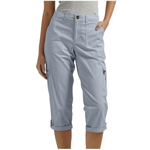 Black Of Friday Womens Pants Loose Cargo Slacks Pockets Trousers Solid Color Pants Straight Leg Slacks 3/4 Capri Trousers Slim Fit Work Utility Pants Button Slacks Overalls Trousers