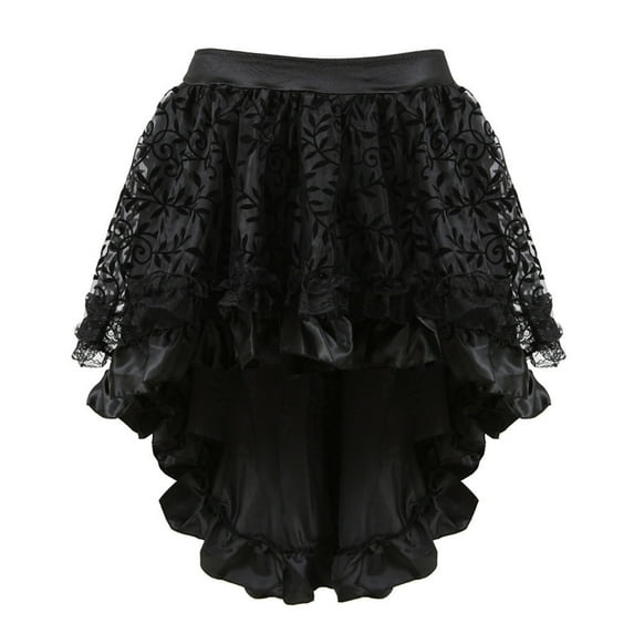 Womens Retro Gothic Ruffle Skirts Short/Mid-Length Dance Skirts Floral Satin Lace High Waist Teens Party Outfits (2XL, Black-short)
