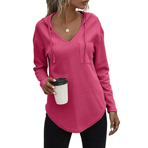 Xqxayjr Fall Fashion For Women Trendy Popular Pick Plus Size Tops Long Sleeve Flowy Womens Fall Shirts V Neck Solid Color Sexy Hooded Drawstring Hiking Tunic Tops Fall Basic Tees For