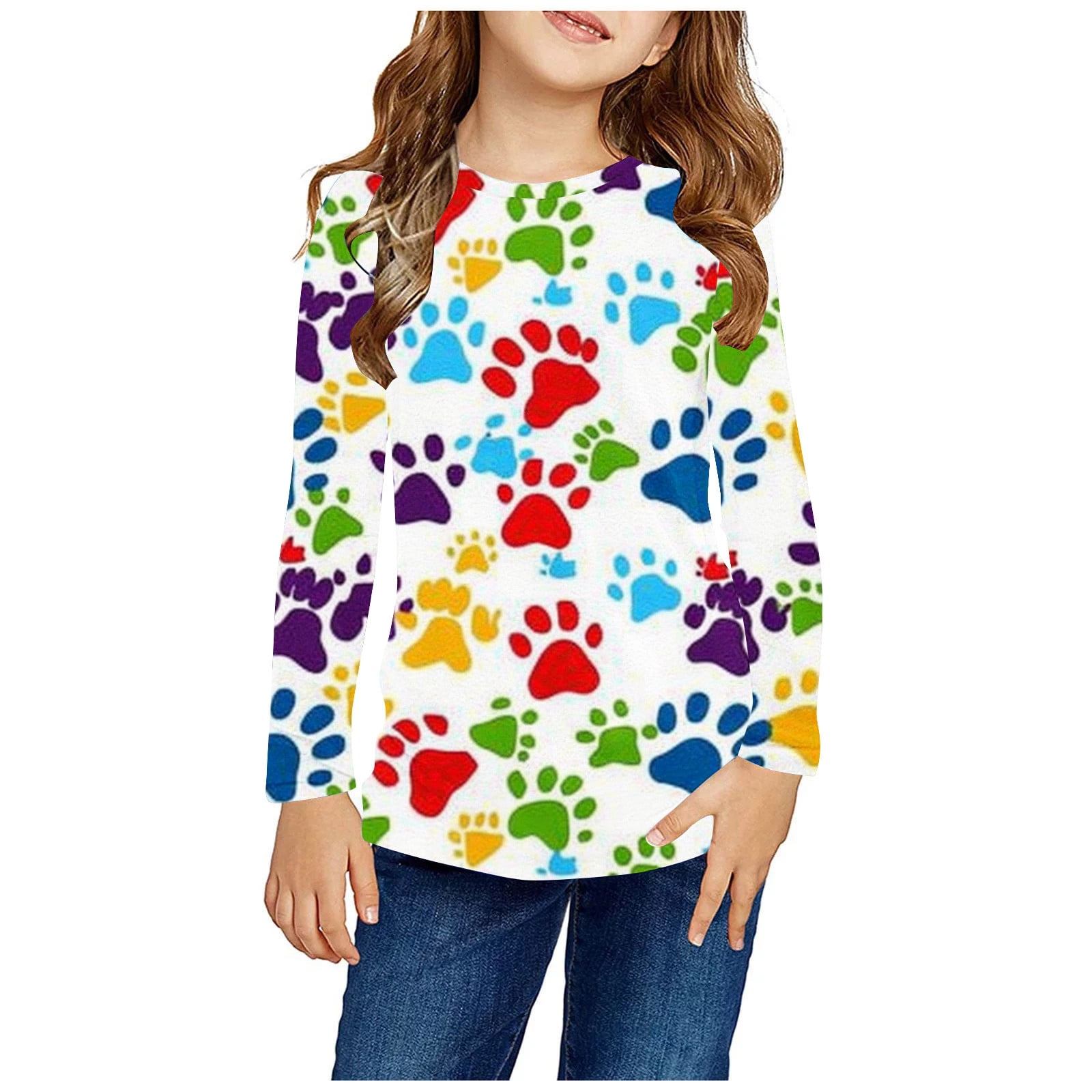 Xqxayjr Girls Crewneck Sweatshirt Lightweight Long Sleeve Dog Paw Print ...