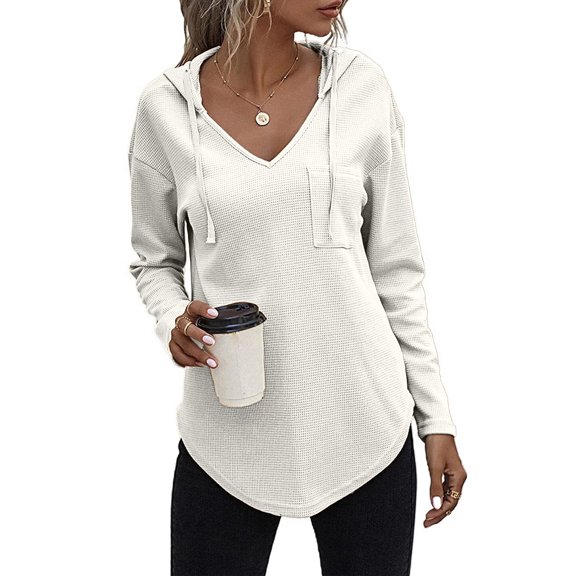 Xqxayjr Womens Fall Fashion Popular Pick Womens Tunic Tops Long Sleeve Black Women'S Blouses V Neck Solid Color ​Western ​Hooded Drawstring ​​Hiking ​Blouse ​Lightweight ​Tunic Tops To Wear