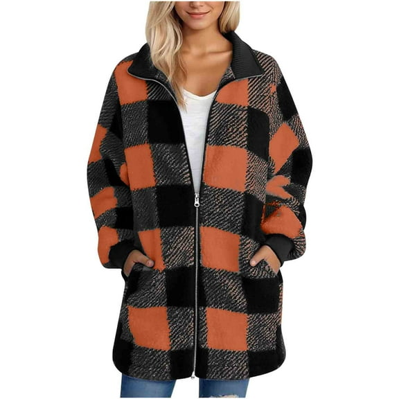 Black*Friday Discounted Items under $5 GaThRRgYP Plush Oversized Coatigan for Women Fall,Women's Fashion Long Sleeve Solid Color Thickening Cardigan Jacket Checkered Fall Winter Warm Coat Orange XL