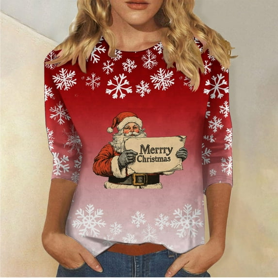 Black*Friday Discounted Items under $5 GaThRRgYP Women's Cozy Fall Winter Long Sleeve Print Round Neck Top,Fashion Women's Comfortable Round-Neck 3/4 Sleeve Print Casual T-shirt Blouse Red S