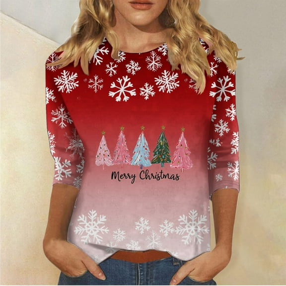 Black*Friday Discounted Items under $5 GaThRRgYP Women's Long Sleeve Autumn Winter Round Neck Print Top Comfortable,Fashion Women's Comfortable Round-Neck 3/4 Sleeve Print Casual T-shirt Blouse Red S