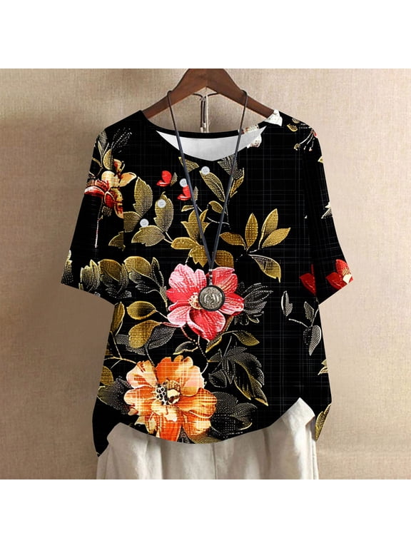Black and Friday Discounted Items under $5 GaThRRgYP Womens Tops Short Sleeve Prints,Women's Casual Round Neck Button Printed Short Sleeve Blouse Black XXXXL