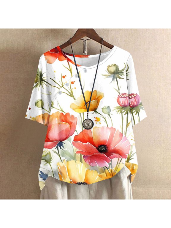 Black and Friday Discounted Items under $5 GaThRRgYP Womens Tops Short Sleeve Pullover,Plus Size Tunic Tops for Women Clothes,Women's Casual Round Neck Button Printed Short Sleeve Blouse Red XL