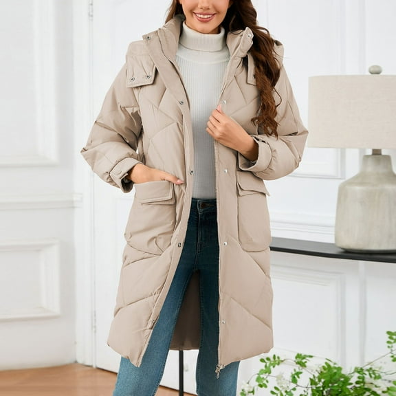 Black*Friday Sale ChaoHeng Winter Puffer Coats for Women Clearance Women's Fall Winter Solid Color Hooded Quilted Jacket,Thermal Puffer Coat with Pockets for Warmth