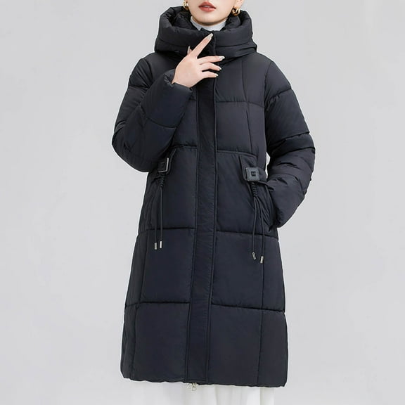 Black*Friday Sale ChaoHeng Women Puffer Coats on Clearances Women's Long Sleeve Padded Loose Fit Hooded Winter Quilted Coat,Long Style
