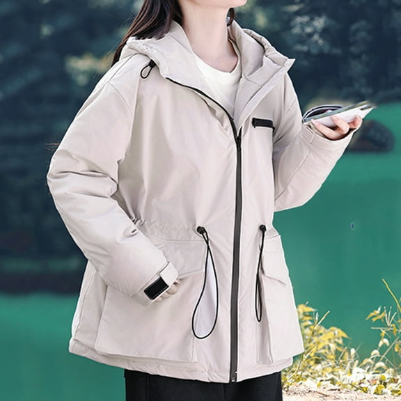Black*Friday on Sale ChaoHeng Women Winter Coats & Jackets Women's Solid Color Longline Quilted Coat,3/4 Sleeve Zip Up Jacket with Drawstring and Fleece Lining