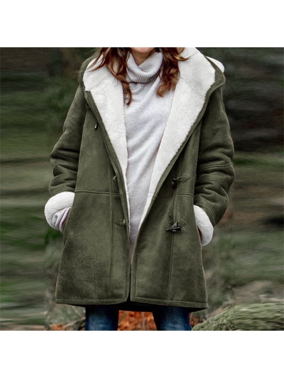 Black*Friday Sale Chaoheng Fall Coats for Women 2025 Women's Fleece Lined Double Breasted Hooded Coat,Solid Color Mid-Length Trench for Work Commute