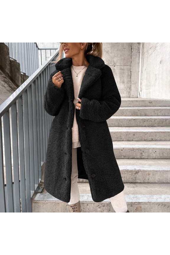Black*Friday Sale Chaoheng Fall Jackets for Women 2025 Women's Oversized Plush Sherpa Jacket,Fall Winter Long Sleeve Notch Lapel Mid-Length Coat