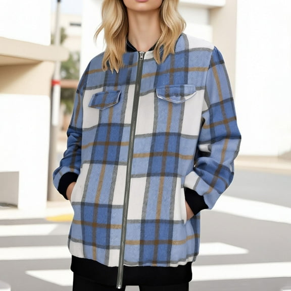 Black*Friday Sale Chaoheng Fall Jackets for Women 2025 Women's Plaid Striped Mid-Length Jacket,Long Sleeve Zip Up Coat with Pockets