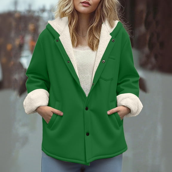 Black*Friday Sale Chaoheng Fall Jackets for Women 2025 Women's Solid Color Plush Lined Hooded Coat,Button Front Jacket with Chest Pockets for Warmth