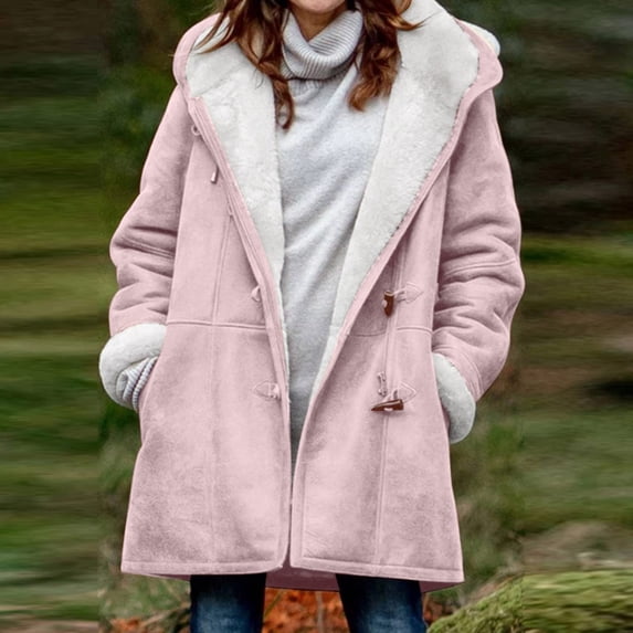 Black*Friday Sale Chaoheng Jackets for Women Trendy Women's Fleece Lined Double Breasted Hooded Coat,Solid Color Mid-Length Trench for Work Commute