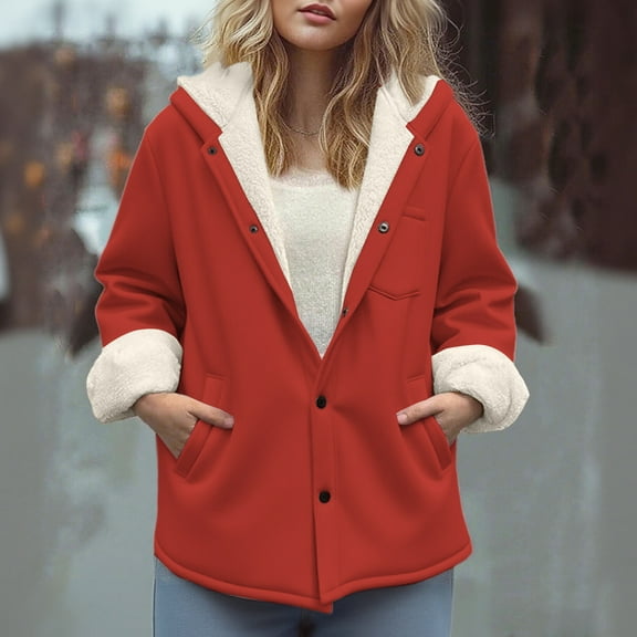 Black*Friday Sale Chaoheng Jackets for Women Trendy Women's Solid Color Plush Lined Hooded Coat,Button Front Jacket with Chest Pockets for Warmth