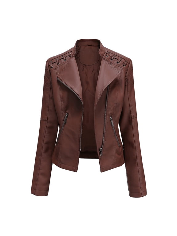 Black*Friday Sale Chaoheng Jackets for Women Women's Studded Zip Up Faux Leather Jacket,Long Sleeve Motorcycle Style Moto Coat