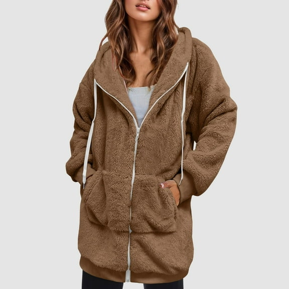 Black*Friday Sale Chaoheng Winter Coats for Women Women's Fall Winter Long Sleeve Reversible Fleece Jacket,Solid Color Hooded Zip Front Coat