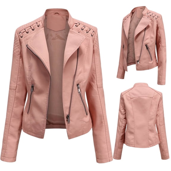 Black*Friday Sale Chaoheng Winter Jackets for Women Women's Studded Zip Up Faux Leather Jacket,Long Sleeve Motorcycle Style Moto Coat