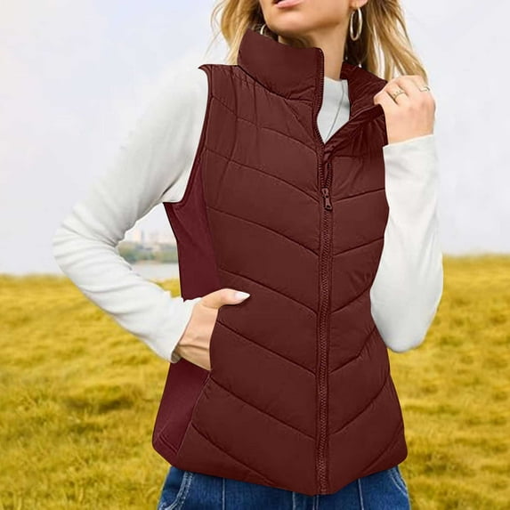 Black*Friday Sale Chaoheng Womens Fleece Vest Coats Women's Solid Color Down Vest,Stand Collar Zip Up Sleeveless Quilted Jacket for Winter Warmth