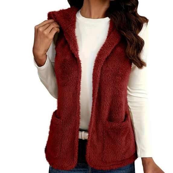 Black*Friday Sale Chaoheng Womens Puffer Vests Outerwear Women's V-Neck Faux Shearling Vest,Lamb Wool Plush Sleeveless Jacket