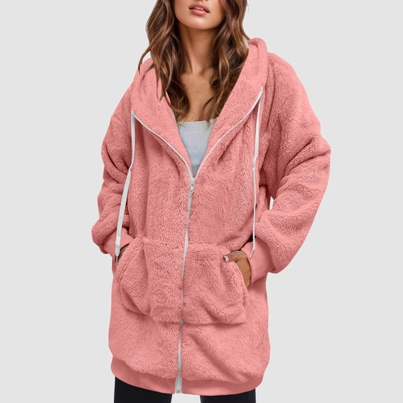 Black*Friday Sale Chaoheng Womens Winter Coats Women's Fall Winter Long Sleeve Reversible Fleece Jacket,Solid Color Hooded Zip Front Coat