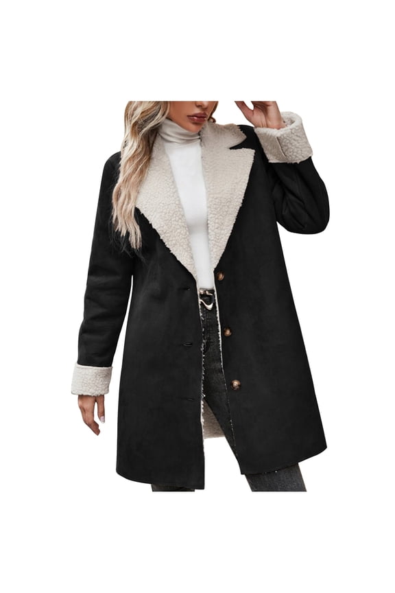 Black*Friday Sale Chaoheng Womens Winter Coats Women's Vintage Solid Suede Shearling Coat,Plush Lined Button Front Jacket with Notch Lapel