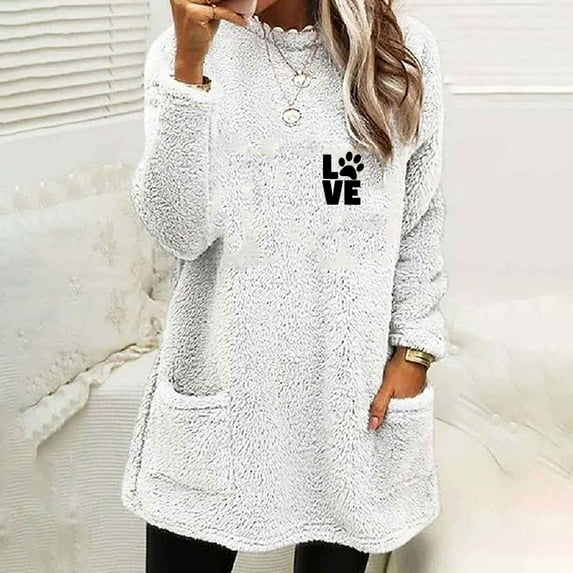 Xqxayjr Women Long Sleeve Fleece Lined Warm Loungewear Tops Loose Fit Dog Paw Print Fall Sweaters Tops Dressy Casual Crew Neck Pullover Trendy Shirts Clothes