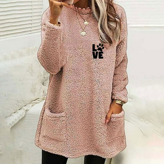 Xqxayjr Women Long Sleeve Fleece Lined Warm Loungewear Tops Loose Fit Dog Paw Print Fall Sweaters Tops Dressy Casual Crew Neck Pullover Trendy Shirts Clothes