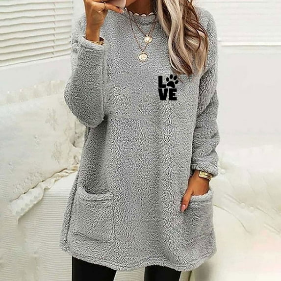 Xqxayjr Women Long Sleeve Fleece Lined Warm Loungewear Tops Loose Fit Dog Paw Print Fall Sweaters Tops Dressy Casual Crew Neck Pullover Trendy Shirts Clothes