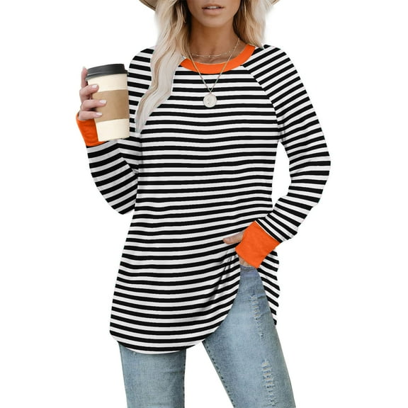 Xqxayjr Women's Long Sleeve Fashion Fall Tops Casual Graphic Round Neck Striped Color Block Sweatshirt Shirts Loose Fit Blouses Clothing