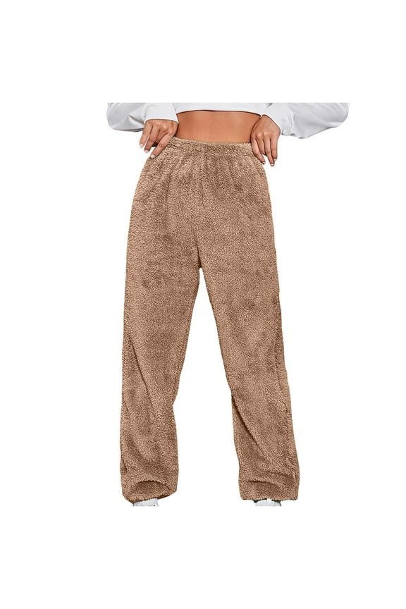 Winter Teddy Longwear Casual Warm Thicken Jogger Athletic Sweatpants Warm Pajamas Sherpa Lined Trousers Tops Fleece Pants Woman Women's Solid Color Fall Fashion Loose Brown S Shirts