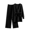 thumbnail image 1 of Women's 2 Piece Sweater Outfits Set with Belt Long Sleeve Open Front Cardigan Wide Leg Pants Solid Color Sweater Loungewear&nbsp; Casual Loose Fall Clothes for Ladies Comfy Black XL, 1 of 4