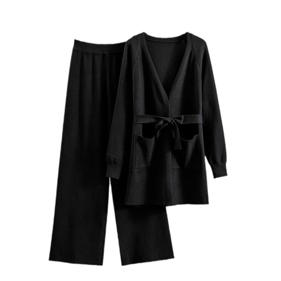 Women's 2 Piece Sweater Outfits Set with Belt Long Sleeve Open Front Cardigan Wide Leg Pants Solid Color Sweater Loungewear Casual Loose Fall Clothes for Ladies Comfy Black XL