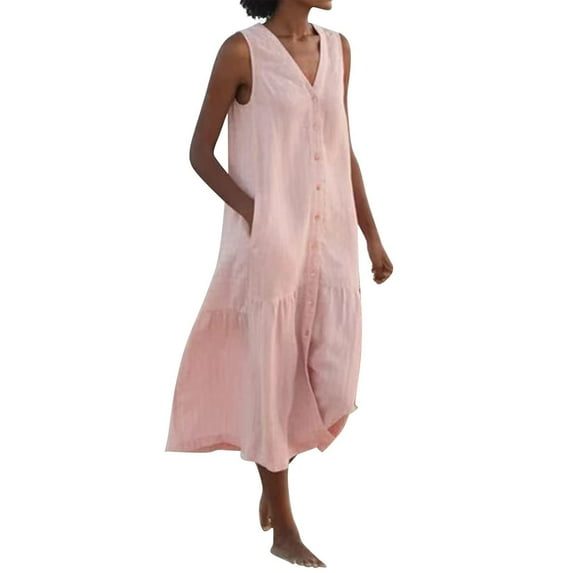 Women's Cotton Lien Maxi Floor Dress Casual Loose Plain Dress Solid Color V Neck Summer Trending Dresses Fashion Sleeveless Dress Ancle Lenght Dress with Button Pink L